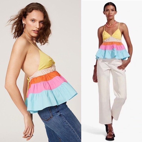 STAUD Colorblock Rainbow Stripe Sleeveless V-Neck Tiered Ruffle Babydoll Top S - Picture 6 of 13